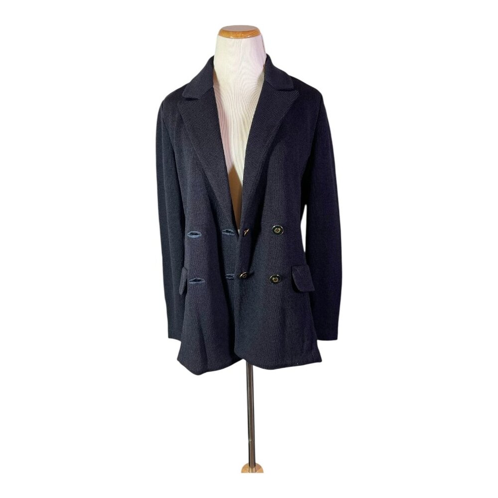 Vintage Austin Reed Size 4 Dark Navy Heavy Knit Double-Breasted Blazer Jacket - Picture 3 of 13